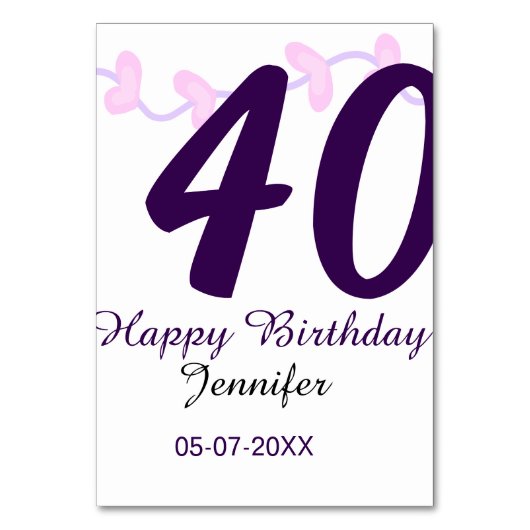 40th birthday add name date year purple floral pin tischnummer (Vorderseite)