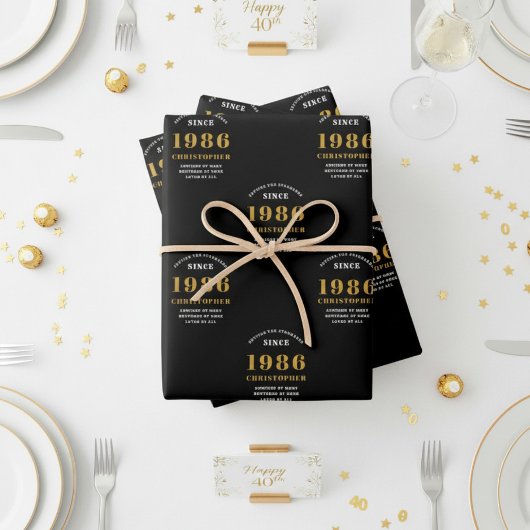 40th Birthday born 1986 Add Name Black Gold Geschenkpapier Set