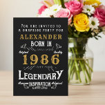 40th Birthday Born 1986 Black Gold Retro Vintage Einladung<br><div class="desc">For those born in 1986 and celebrating their 40th birthday we have the ideal birthday party invitation with a vintage feel. The black background with a white and gold vintage typography design design is simple and yet elegant with a retro feel. Easily customize the text of this birthday gift using...</div>