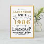 40th Birthday Born 1986 White Gold Legend Einladung (Stehend Vorderseite)