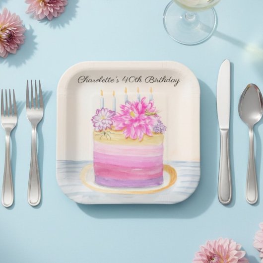 40th Birthday Cake with Dahlia and Garden Insect   Pappteller