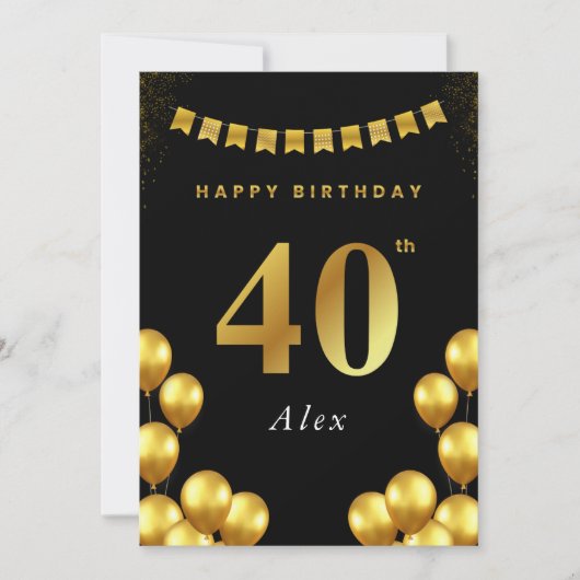 40th Birthday Card Black and Gold Balloons Karte (Vorderseite)