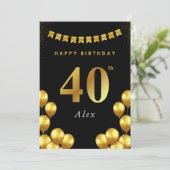 40th Birthday Card Black and Gold Balloons Karte (Stehend Vorderseite)