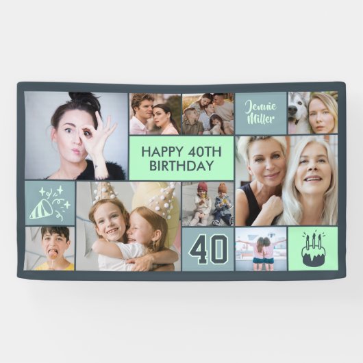 40th Birthday Custom Photo Collage Dusty Green Banner (Horizontal)