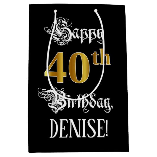 40th Birthday ~ Fancy Script; Faux Gold Look; Name Mittlere Geschenktüte (Vorderseite)