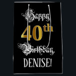 40th Birthday ~ Fancy Script; Faux Gold Look; Name Mittlere Geschenktüte<br><div class="desc">This elegant and elaborate birthday-themed gift bag design features the message “Happy 40th Birthday, ”, plus a personalized recipient name. Some of the message is in a luxurious script-style text, the large number “40th” features a faux/imitation gold-inspired look pattern, and the background is colored black. An ornate birthday themed gift...</div>