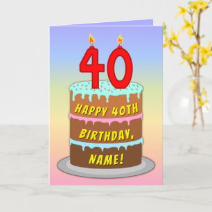 40th Birthday — Fun Cake & Candles, w/ Custom Name Karte