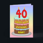 40th Birthday — Fun Cake & Candles, w/ Custom Name Karte<br><div class="desc">This upbeat and joyful birthday greeting card design features a cartoon-style depiction of a three-tier birthday cake having number-shaped candles on top showing the age “40“, along with the message “HAPPY 40TH BIRTHDAY, ”, and a personalized recipient name. The background of the front features a multicolored pastel rainbow spectrum inspired...</div>