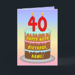 40th Birthday — Fun Cake & Candles, w/ Custom Name Karte<br><div class="desc">This upbeat and joyful birthday greeting card design features a cartoon-style depiction of a three-tier birthday cake having number-shaped candles on top showing the age “40“, along with the message “HAPPY 40TH BIRTHDAY, ”, and a personalized recipient name. The background of the front features a multicolored pastel rainbow spectrum inspired...</div>