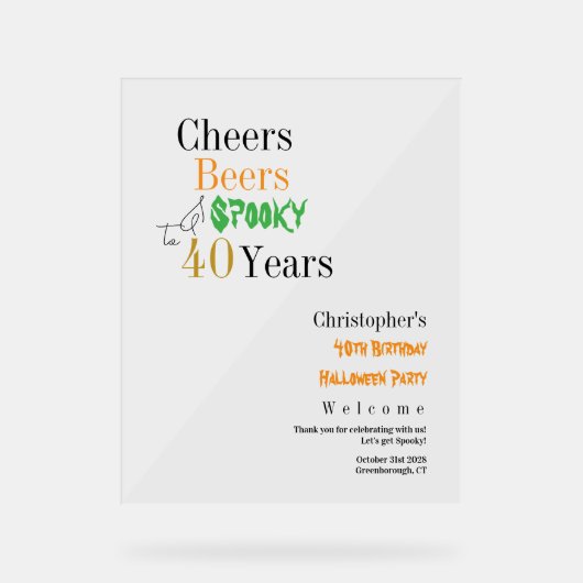 40th Birthday Halloween Party Welcome Acrylschild (Vorderseite)