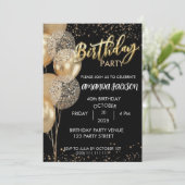 40th Birthday Invitation Black Gold Balloons Einladung (Stehend Vorderseite)