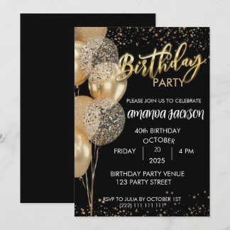 40th Birthday Invitation Black Gold Balloons Einladung