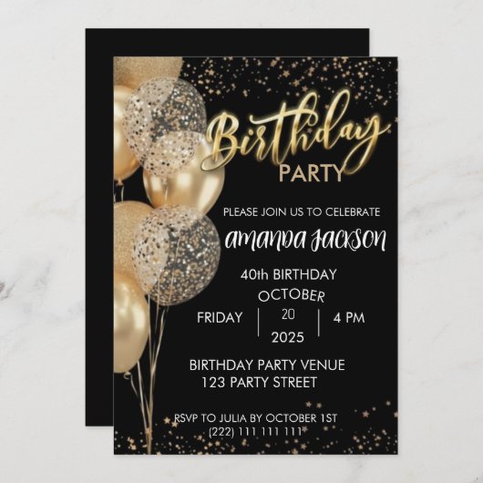 40th Birthday Invitation Black Gold Balloons Einladung (Vorne/Hinten)