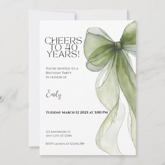 40th Birthday Invitation • Green Bow Milestone Karte (Vorderseite)