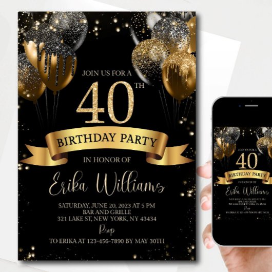 40th Birthday Invitation Template: Black Gold Ball Einladung