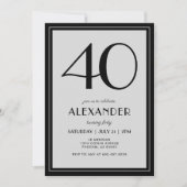 40th Birthday Modern Minimalist Mens Black Gray Einladung (Vorderseite)