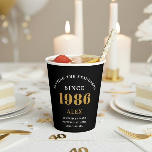 40th Birthday Name 1986 Black Gold Elegant Chic Pappbecher