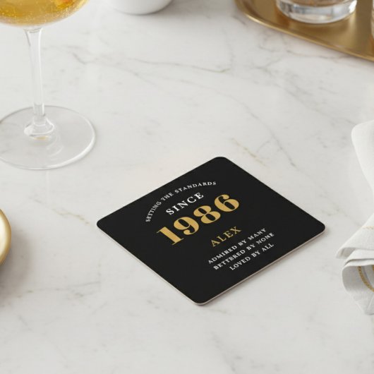 40th Birthday Name 1986 Year Black Gold Custom Rechteckiger Pappuntersetzer