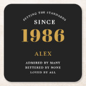 40th Birthday Name 1986 Year Black Gold Custom Rechteckiger Pappuntersetzer (Vorderseite)