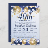 40th Birthday Navy Gold Balloons Party Einladung (Vorne/Hinten)