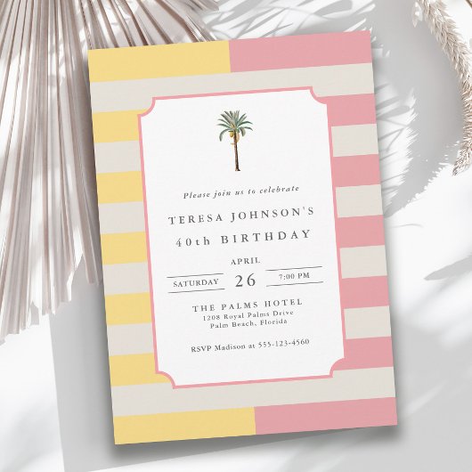 40th Birthday Palm Beach Pastel Stripe Tropical Einladung