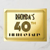 40th Birthday Party ~ Art Deco Style “40” + Name Folie Einladungspostkarte (Vorderseite)