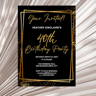 40th Birthday Party Invitation Gold and Black Einladung