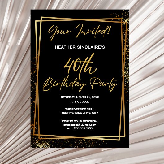40th Birthday Party Invitation Gold and Black Einladung