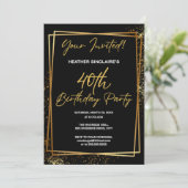 40th Birthday Party Invitation Gold and Black Einladung (Stehend Vorderseite)