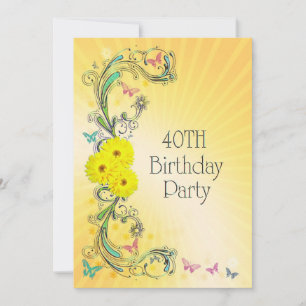 40th Birthday party Invitation with yellow flower Einladung
