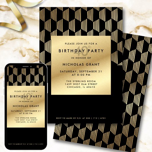 40th Birthday Party Modern Black and Gold Foil Einladung