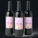 40th birthday party pink purple florals weinetikett<br><div class="desc">An elegant floral themed label for a 40th birthday party or tea party. A romantic violet, pink and peach colored background, purple and pink letters. With pretty flowers in blue and ultra violet bluebells, pink peonies and roses. A little lavender colored bird is singing. Templates for a name, age 40...</div>