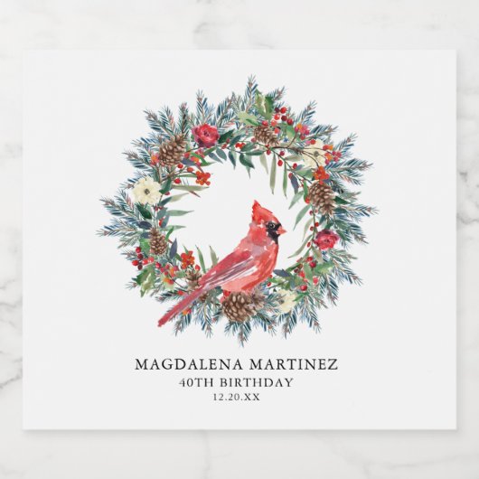 40th Birthday Party Red Cardinal Wreath Custom Schaumweinetikett (Einzelnes Label)