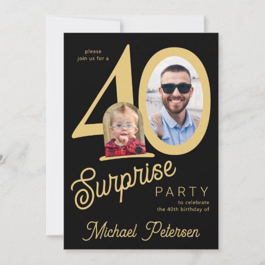 40th birthday photo black gold 40 years party einladung (Vorderseite)