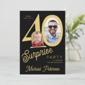 40th birthday photo black gold 40 years party einladung (Stehend Vorderseite)