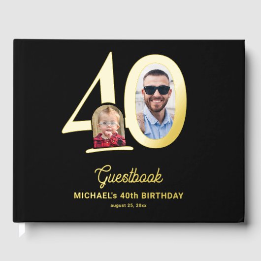 40th Birthday photo name black gold  Gästebuch (Vorderseite)