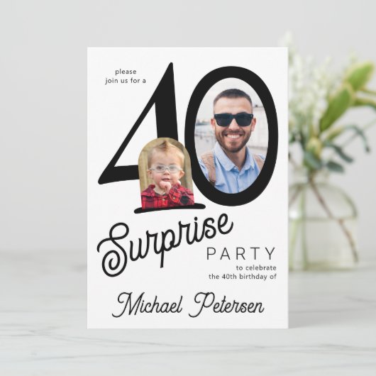 40th birthday photo white black 40 years party einladung (Stehend Vorderseite)
