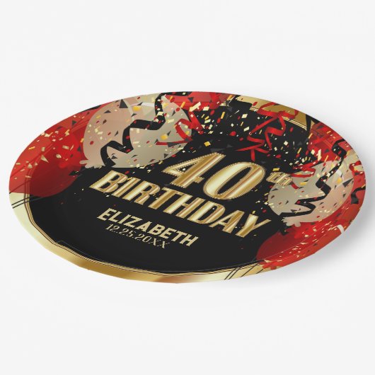 40th Birthday - Red Balloons 🎈 Pappteller (Schrägansicht)