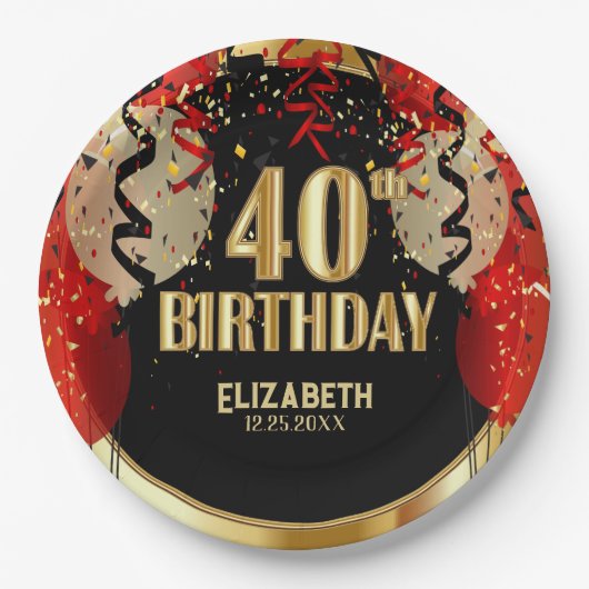 40th Birthday - Red Balloons 🎈  Pappteller (Vorderseite)