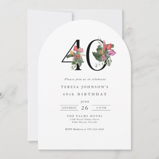 40th Birthday Simple Elegant Tropical Invitation Einladung (Vorderseite)