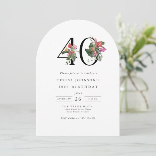 40th Birthday Simple Elegant Tropical Invitation Einladung (Stehend Vorderseite)