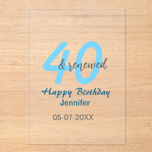 40th & renewed birthday name date blue bold number acryleinladungen (Vorderseite)