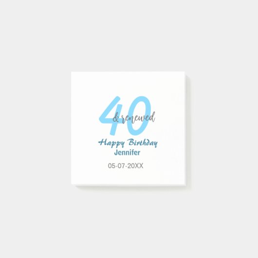 40th & renewed birthday name date blue bold number post-it klebezettel (Vorderseite)