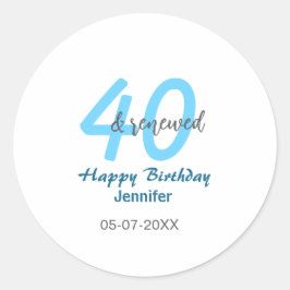 40th & renewed birthday name date blue bold number runder aufkleber