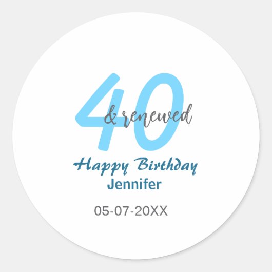 40th & renewed birthday name date blue bold number runder aufkleber (Vorderseite)