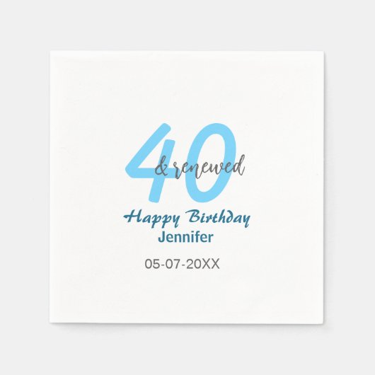 40th & renewed birthday name date blue bold number serviette (Vorderseite)