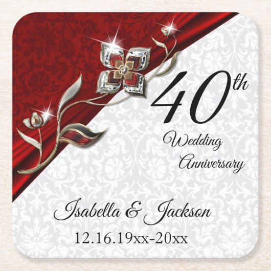 40th Ruby Floral Wedding Anniversary 💞 Rechteckiger Pappuntersetzer (Vorderseite)