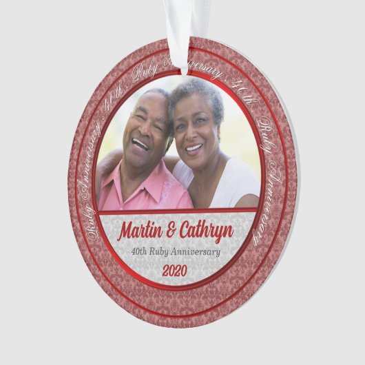 40th Ruby Red Anniversary with Damask and Foto Ornament (Vorderseite)