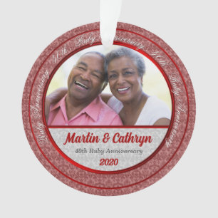 40th Ruby Red Anniversary with Damask and Foto Ornament