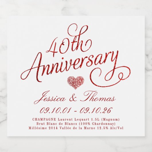 40th Ruby Wedding Anniversary Schaumweinetikett (Einzelnes Label)